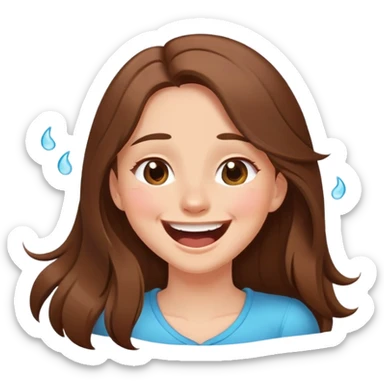 Girl with long brown hair laughing with tears in her eyes and a tilted head cartoon full body cute  sticker