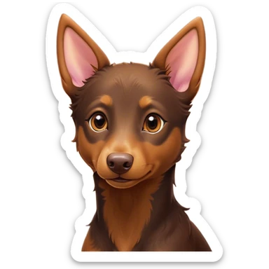 Cinematic Cute Brown and Tan Kelpie Portrait Emoji, Head tilted playfully and inquisitively, featuring a glossy brown Fur with vibrant tan accents, round, sparkling warm eyes filled with curiosity, Simplified yet irresistibly adorable features, highly detailed, glowing with a warm, friendly glow, high shine, affectionate and spirited, stylized with a touch of whimsy, bright and endearing, soft glowing outline, capturing the essence of a mischievous yet loving herder, so playful it feels like it could leap out of the screen and into your arms! sticker