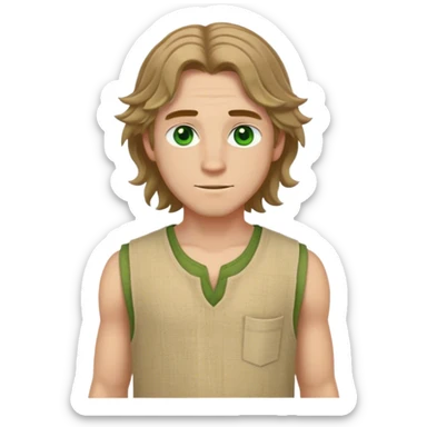 medieval summer outfit worn by a DnD themed fantasy male character. simple sleeveless hemp tunic with a deep round neckline and stitched reinforcements. clothes only above the waist. The clothes full waist. The character's haven't arms. character is white-skinned, light brown hair, green eyes, shoulder-length wavy hair. sticker