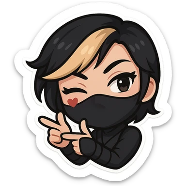 Sexy chibi ninja girl with black short hair and a blonde streak, only head and arms, making a finger gun gesture, bold outlines, no mask, sized for Twitch emoji use, transparent background. sticker