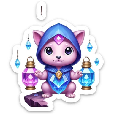 purple, blue, and pink crystal chibi creature holding a lantern inside a crystal-filled cave sticker