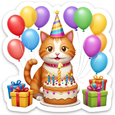 Ginger cat celebrates birthday, birthday hat, birthday cake, balloons, happy, gifts sticker