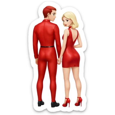 Woman in short red latex dress bent over with a man stood behind her sticker