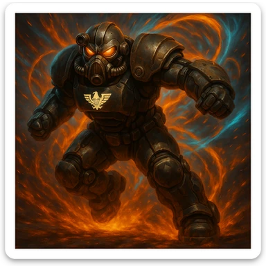 Add the Enclave logo to the chest of the X-01 power armor in a dynamic action pose. Include sparks and energy effects around the armor, ensuring the logo stands out prominently. sticker