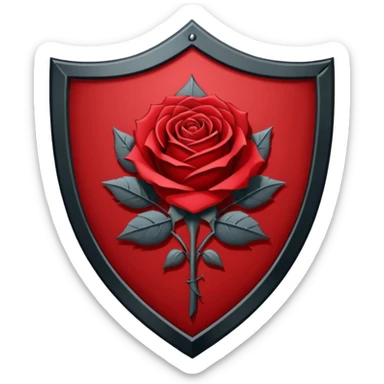 Flat vector  No gradients  Deep red (#7A0F1E)  Transparent background  High contrast  Clean gothic shield aesthetic with a rose Designed to be readable at 128x128px sticker