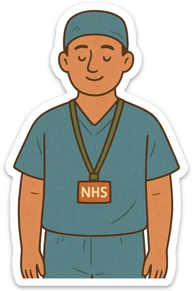 A modern day male surgeon wearing an NHS lanyard and a blue surgeon gown sticker