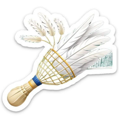 A shuttlecock mid-air above a badminton court, with its feathers spread wide and the background showing a faint outline of a net. The image emphasizes motion and lightness, symbolizing the speed and precision of the sport without players in sight sticker