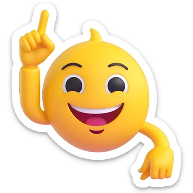 A 2D cartoon-style yellow emoji with a mischievous smile, shaped eyes, and both hands pointing upward with index fingers.  clean digital style, and a fun, dancing expression. Style similar to children’s drawing tutorials, dancing expression. No background, isolated on white.  sticker