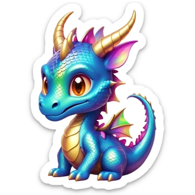 Cinematic Cute Dragon Portrait Emoji, Head tilted playfully and inquisitively, with a sleek, serpentine body adorned in iridescent scales and a charming, expressive face featuring subtle, delicate horns, round, sparkling eyes brimming with curious magic, Simplified yet irresistibly adorable features, highly detailed, glowing with a warm, enchanting glow, high shine, affectionate and mystical, stylized with a touch of whimsical fantasy, soft glowing outline, capturing the essence of a mischievous yet loving dragon that feels like it could slither out of the screen into your arms! sticker