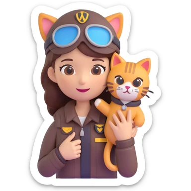 woman sitting in airplane wearing pilot outfit holding a cat emoji sticker