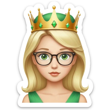 beautiful princess with blonde hair, striking green eyes, wearing glasses and a crown sticker