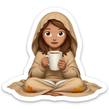 brown hair woman sitting under beige blanket, with a blanket over his head, holding cup of coffee, autumn mood sticker