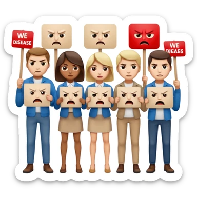 a crowd of people with angry faces and holding placards that read: we disagree sticker