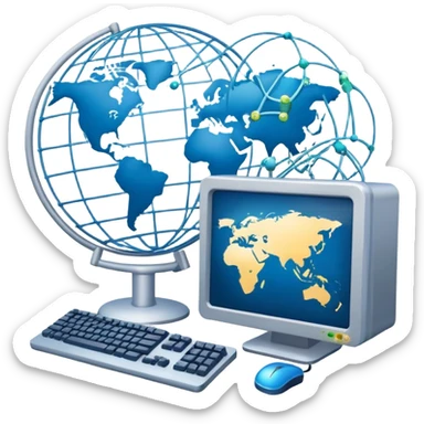 An icon featuring a computer monitor displaying code, a globe with network nodes, and a circuit board, symbolizing IT. The design includes data streams, cloud storage, and a keyboard, representing digital innovation, connectivity, and problem-solving. Transparent background sticker