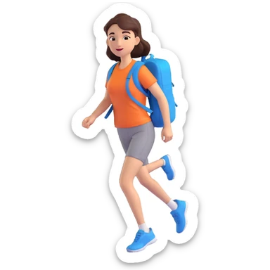 a woman walking with a backpack, sporty outfit, mid-stride, confident expression sticker