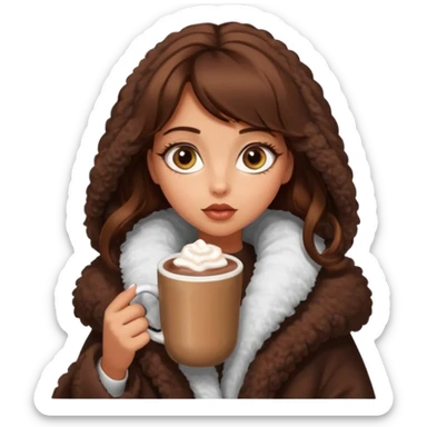 Tanned Girl with lashes , brown hair, in an extremely big fluffy oversized coat and hold hot chocolate drink and big eyes, big lip sticker