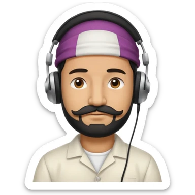 Half body man wearing white topi, lapray, black beard and moustache, headphones, eyes closed, realistic emoji style. sticker