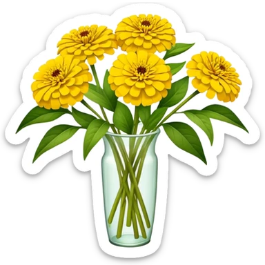 big bouquet Yellow Zinnia, luxuriant, stem, leaf sticker