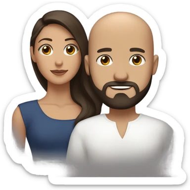 Comforting hug from brunette Puerto Rican with dark brown eyes to short, bald man with brown eyes and a beard sticker