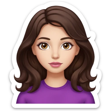 girl with wavy long dark brown hair, brown eyes, light to medium complexion, long lashes, almond shaped eyes, light pink lipstick sticker