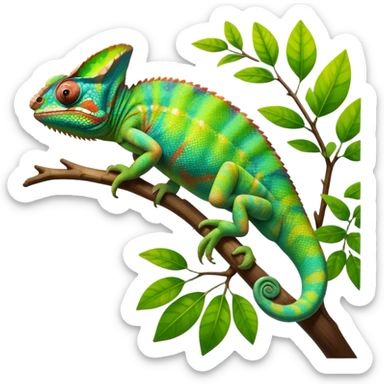 Giant Chameleon blending into natural surroundings, perched on a branch. Its vibrant colors shift with the environment. Lush greenery, branches, and soft sunlight create a peaceful, nature-filled background. Transparent background, showcasing the chameleon's colorful, textured skin. sticker