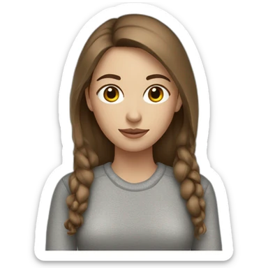 A woman with a white skin, brown hair and a gray pull over sticker