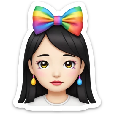 asian emoji face with long hair with bad thick black eyeliner and rainbow bow on head sticker