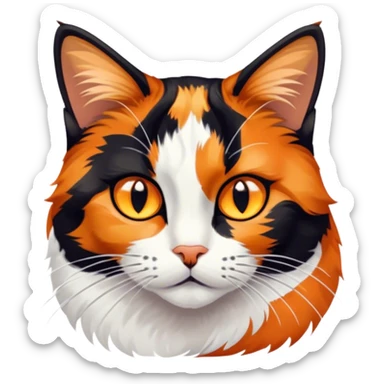 Cinematic Noble Calico Cat Portrait Emoji, Poised and regal, with a striking patchwork fur in vibrant orange, black, and white hues, delicate whiskers and a refined, focused gaze, simplified yet exquisitely detailed, glowing with a soft, moonlit radiance and an air of aristocratic elegance, high shine, exuding dignified intelligence and poised authority, soft glowing outline, capturing the essence of a watchful and noble calico cat that appears ready to grace the screen with effortless majesty! sticker