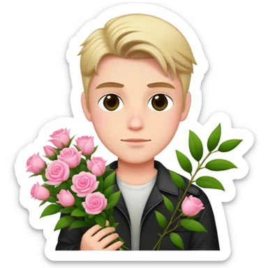 A cool bad boy with fair skin holding a bouquet of pink jasmine roses sticker