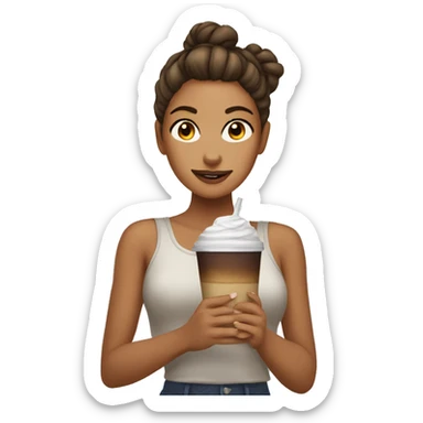 a tanned girl with a messy bun holding an ice coffe  sticker