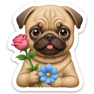 pug dog holding flowers sticker
