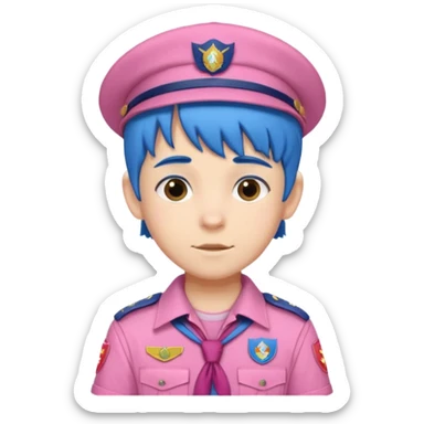 scout boy with very pink scout uniform, blue haired and hat sticker