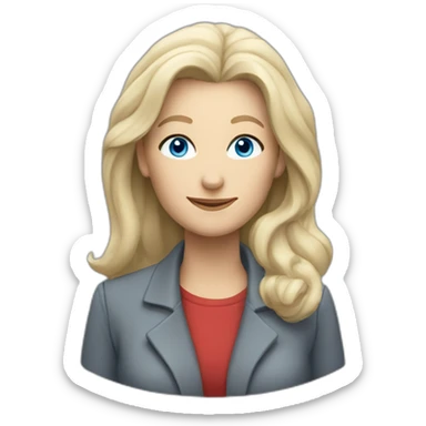 28 old women, white skin, long blond hair, blue eyes, red shirt in a gray jacket sticker