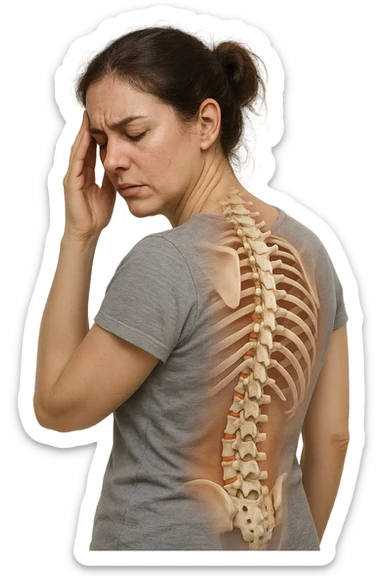 donna stanca che si tiene una mano sulla tempia con spina dorsale anatomica visibile, iperrealistico 4k sticker