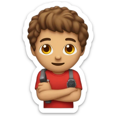 man standing with red t shirt red phone red watch sticker