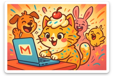 A playful cat with cupcake features like frosting and sprinkles, typing on a laptop with a Gmail icon, making her friends laugh with her stories. The cat is colorful and cute, with cupcake decorations. The scene is whimsical and fun. sticker