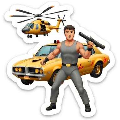 Icon for Action Movie: A vintage movie poster-style design featuring intense action scenes with explosions, weapons, and dramatic poses of Stallone. Include cars and helicopters flying out of flames in the background. Bold typography and retro cinematic style. Transparent background. sticker