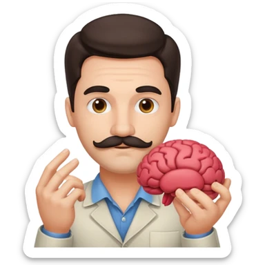 attractive man with dark hair and down turned mustache holding a brain as an emoji sticker
