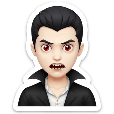 vampire boy, black edgar cut hair, white shirt, creepy expression sticker
