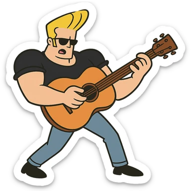 johnny bravo cartoon character, playing guitar, cartoon style sticker