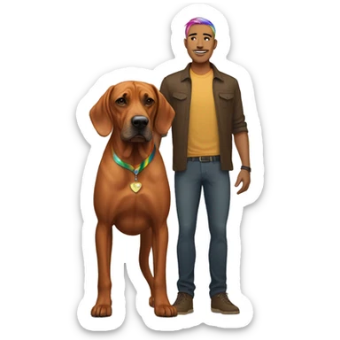 white male with long rainbow colored hair standing alongside a brown rhodesian ridgeback sticker