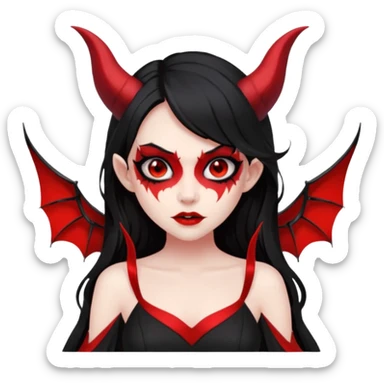 demon girl, skin red , black long hair, small horns, bat wing, black open-back dress, bold black outlines, red+black palette sticker