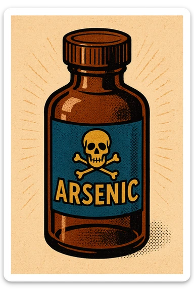 A closed medicine bottle with the word arsenic written on the bottle with a poison symbol sticker