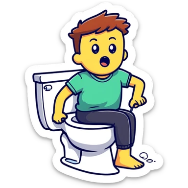 A person with a shocked expression sitting on toilet feeling the splash sticker
