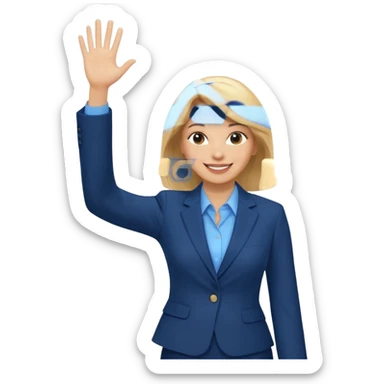 Make emoji of business woman with light skin and medium blonde hair in a dark blue business suit and light blue shirt waiving to new clients sticker