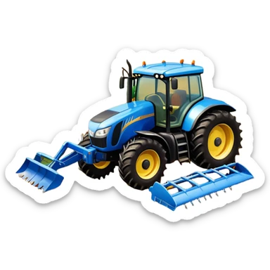 An icon representing a farming simulator, with a detailed tractor with a colorful rural landscape, plowing fields under a bright sky. The design includes farming tools, crops and barns, symbolizing the immersive experience of managing a farm. Transparent background. sticker