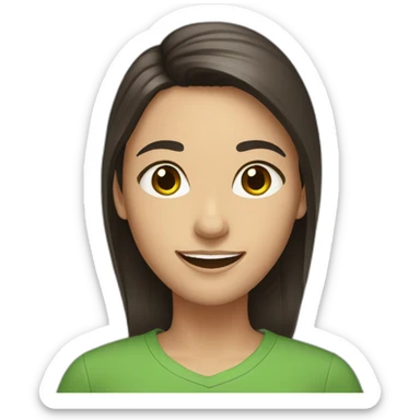 Woman with straight dark brown hair, brown eyes big smile, green shirt sticker