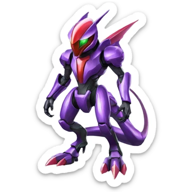 a shiny purple-green-red Genesect-Raptor-Fakémon—hybrid with a futuristic visor-helmet full body sticker