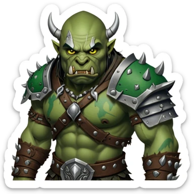 Cinematic Realistic WoW Orc Warrior Portrait, depicted with battle-scarred, rugged green skin and a powerful, muscular build that radiates primal strength. Clad in intricately detailed tribal armor accented with dark leather and iron embellishments in deep, earthy tones, his fierce eyes and determined expression exude honorable might. Rendered with lifelike texture and dramatic natural lighting, high shine, noble and formidable, capturing the essence of a legendary orc champion. sticker