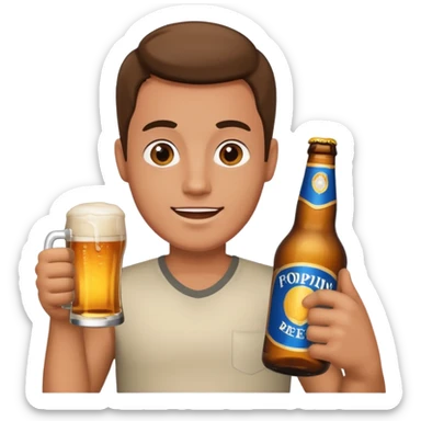 A man holding a beer bottle sticker